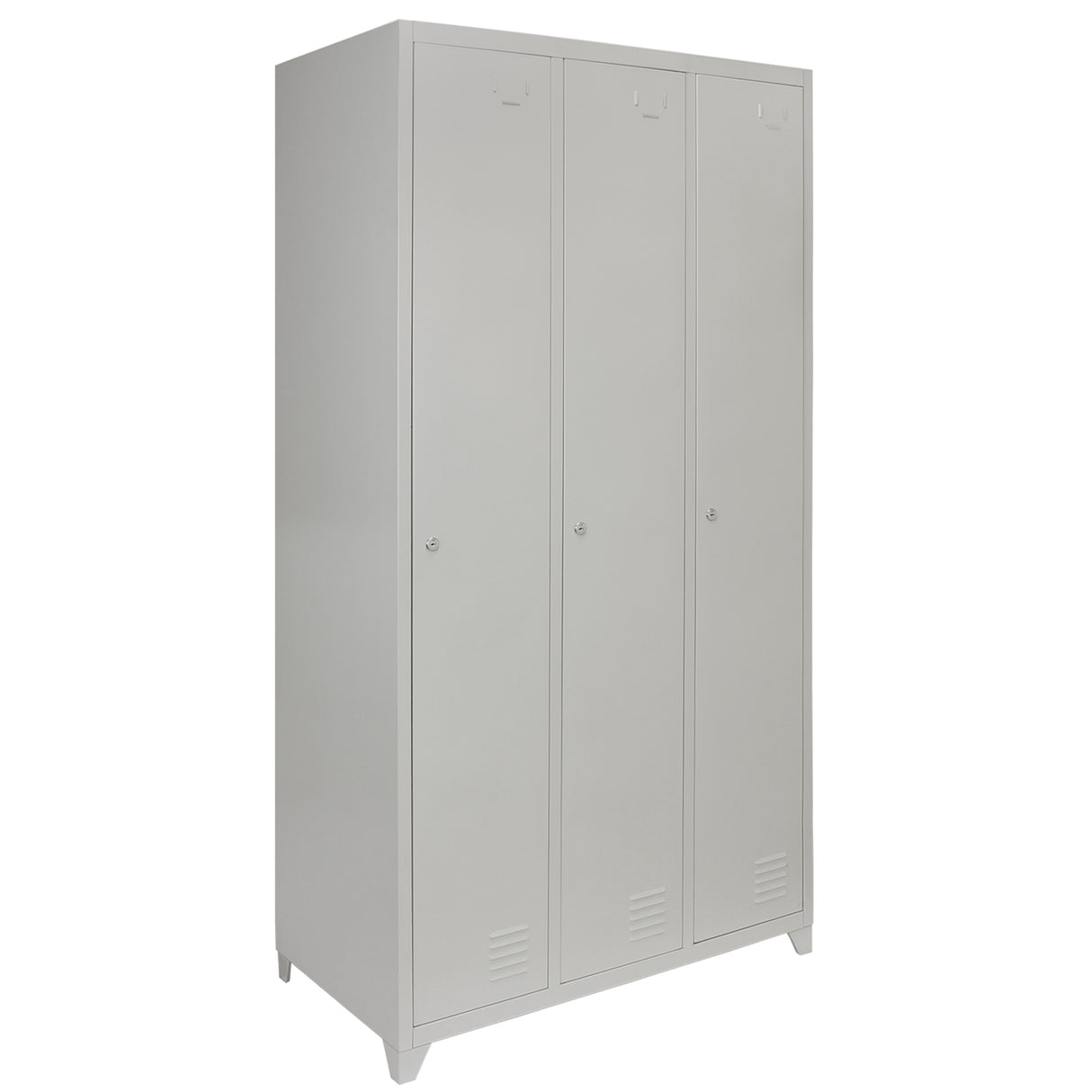 Armadietto in acciaio grigio con tre porte, design semplice e funzionale, ideale per scuole, palestre e uffici, resistente e durevole