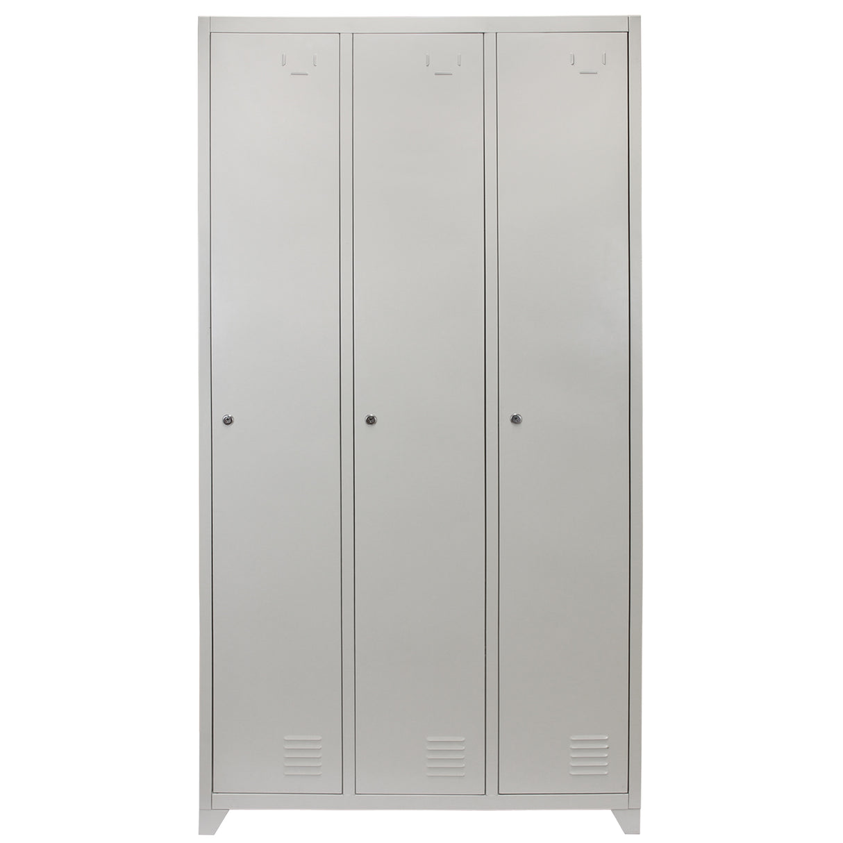 Armadietto in acciaio grigio chiaro con tre porte, design semplice e funzionale, ideale per scuole, palestre e uffici