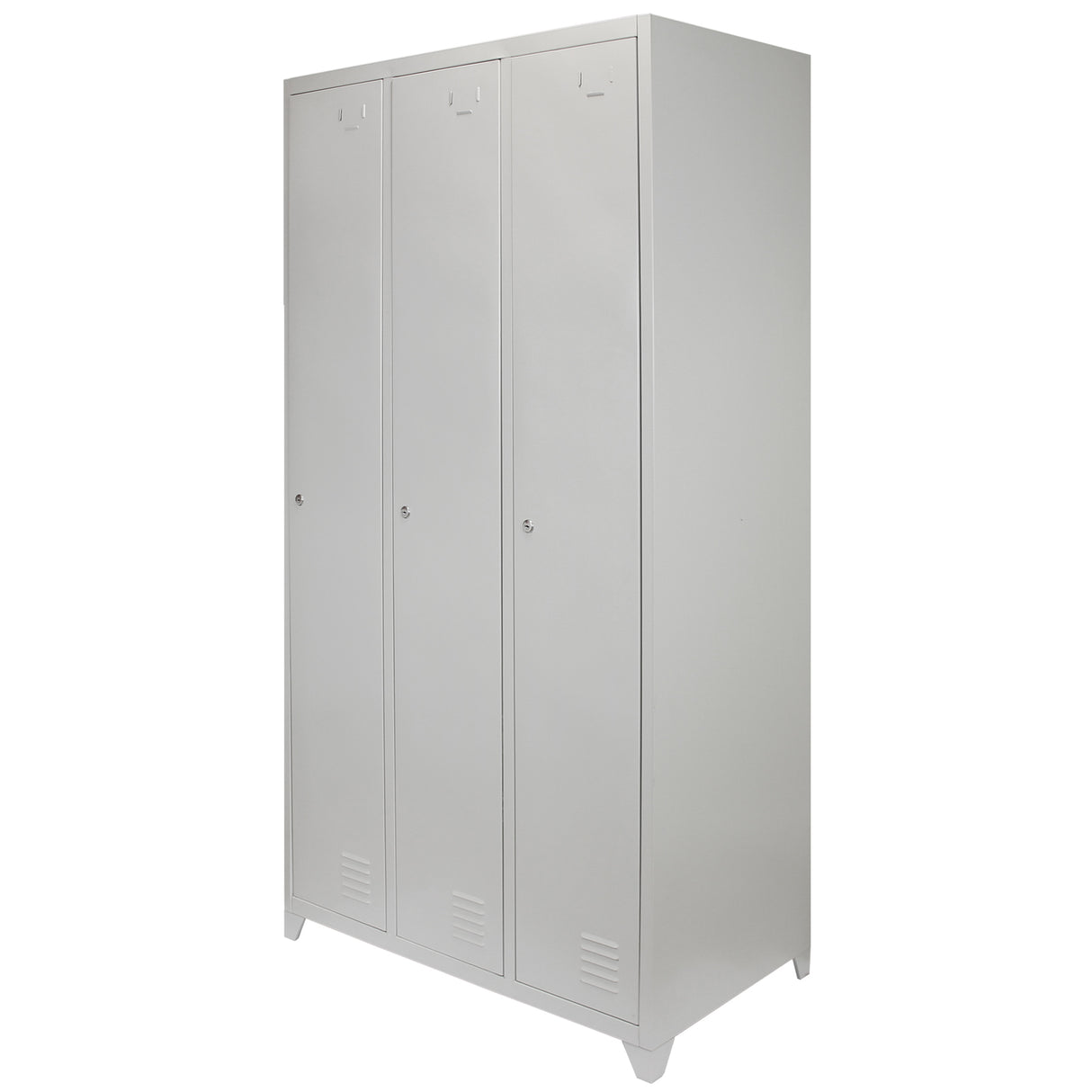 Armadietto in acciaio grigio chiaro con tre porte, ideale per scuole, palestre e uffici, con ventilazione e chiusura sicura