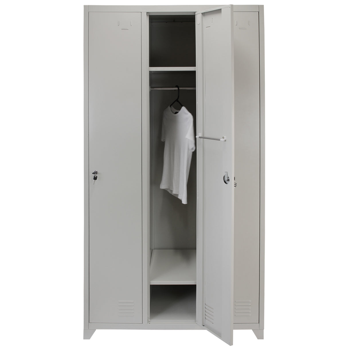 Armadietto in acciaio grigio chiaro con tre porte, interno spazioso e appendiabiti, ideale per scuole e palestre