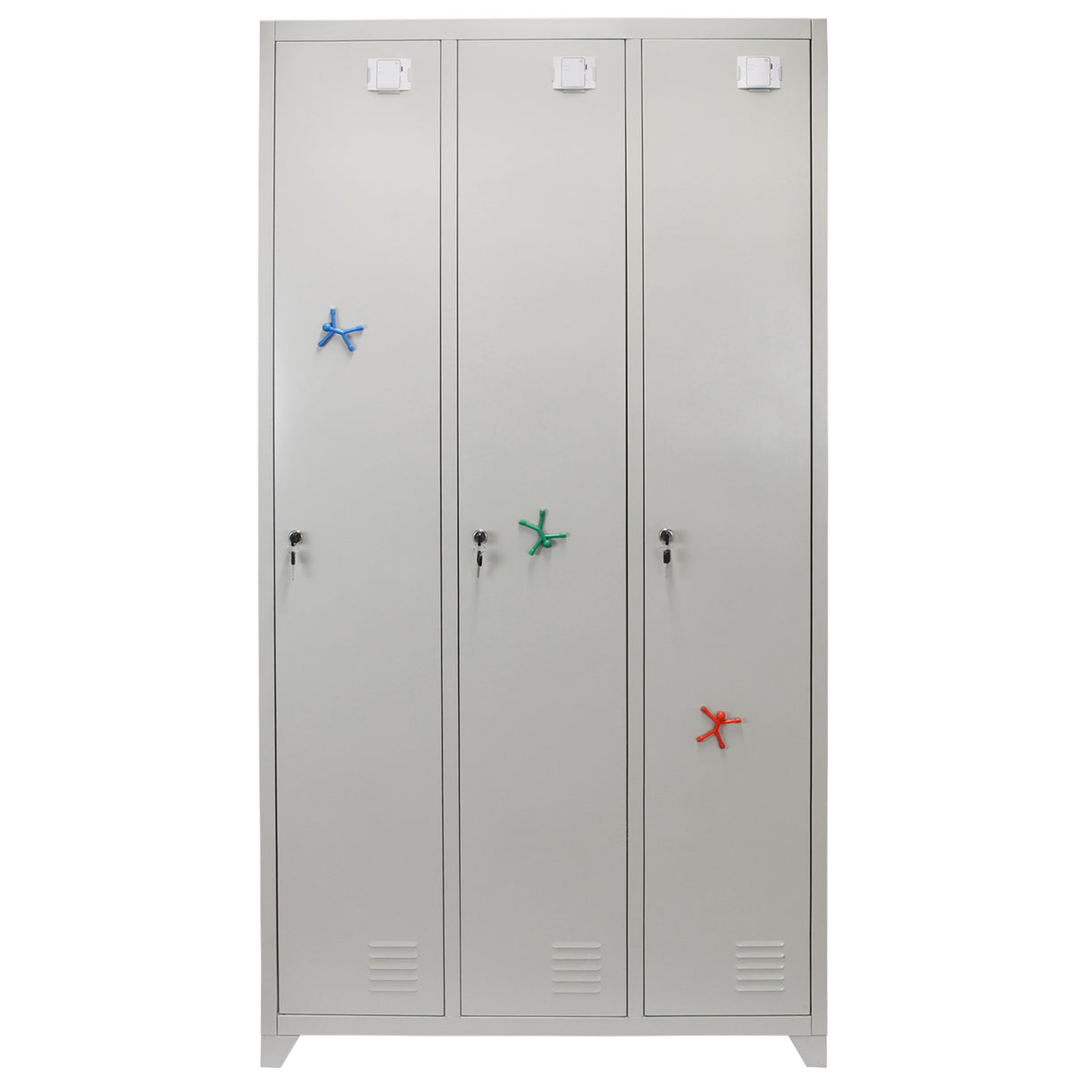 Armadietto in acciaio grigio con tre porte, maniglie colorate e serrature, ideale per scuole, palestre e spogliatoi