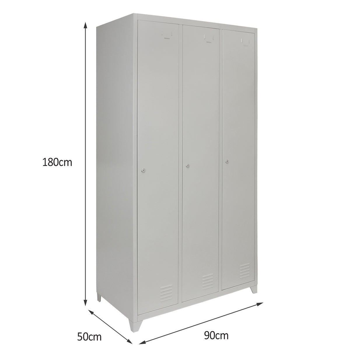 Armadio in acciaio grigio con tre porte, dimensioni 180x90x50 cm, ideale per scuole, palestre e spogliatoi, design robusto e funzionale