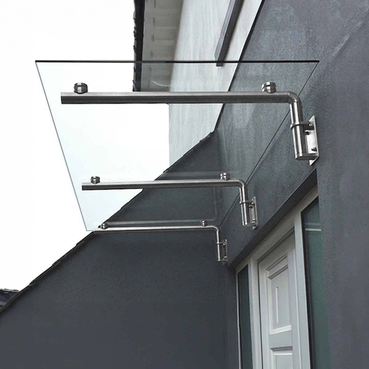 Tettoia in vetro trasparente 180 x 80 cm con robuste staffe in acciaio inox, ideale per proteggere porte esterne da pioggia e sole