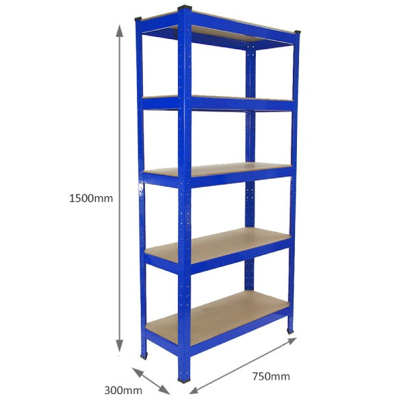 Scaffale da garage blu in metallo con cinque ripiani, dimensioni 75cm x 30cm x 150cm, ideale per organizzare spazi di lavoro