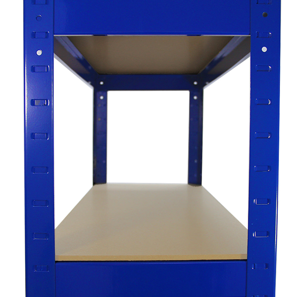 Scaffale da garage blu in metallo, con ripiani in legno chiaro, design robusto e incastro per facile assemblaggio e utilizzo