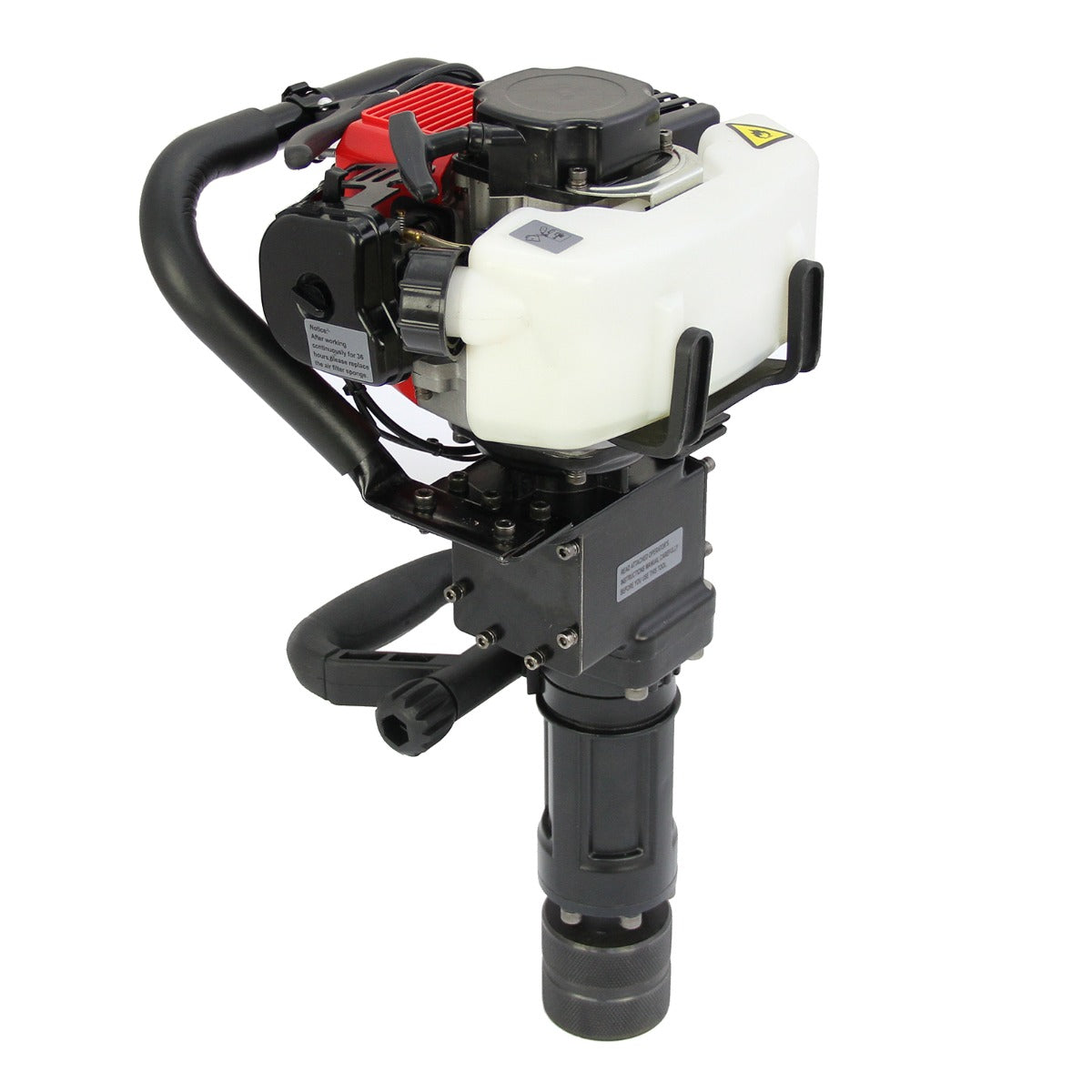 Trivella e battipalo a 2 tempi T-Mech, con motore rosso, serbatoio bianco e struttura nera, progettata per perforazioni efficienti