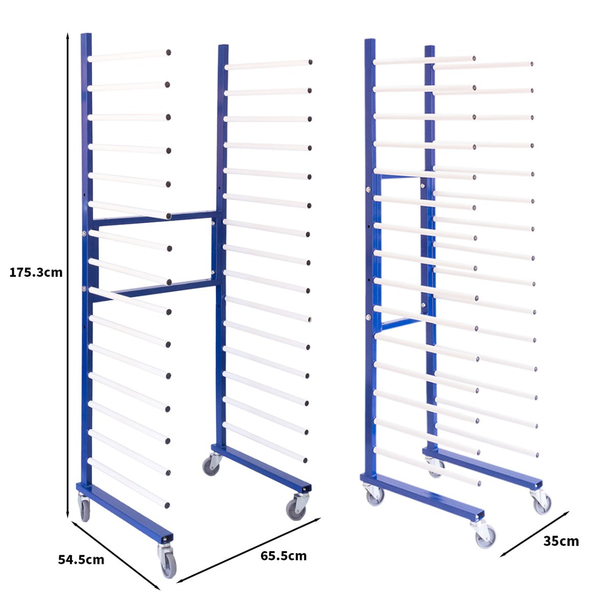 Rastrelliera per essiccazione vernice, struttura blu in metallo, 175,3 cm di altezza, con barre bianche per appendere oggetti, ruote per facilità di movimento