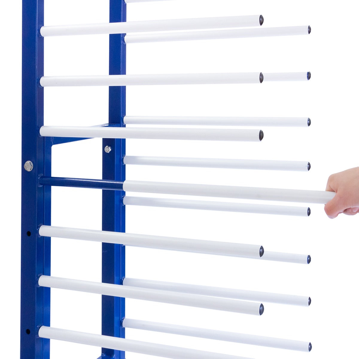 Rastrelliera per essiccazione vernice con struttura blu e barre bianche, progettata per sostenere e asciugare materiali verniciati