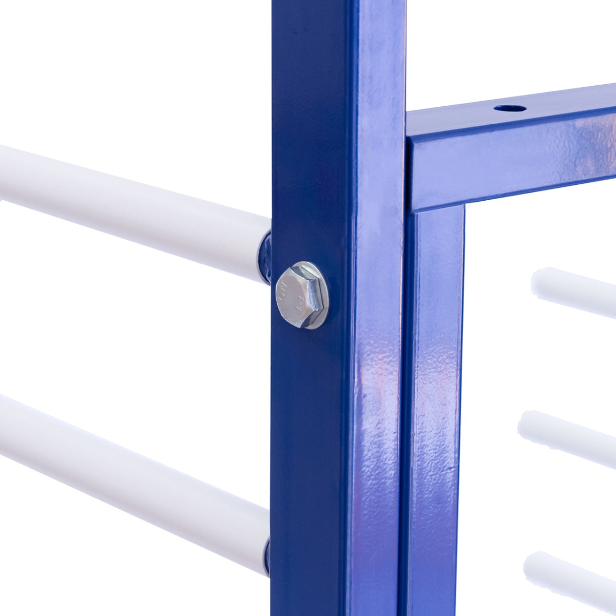 Rastrelliera per essiccazione vernice con struttura blu e barre bianche, realizzata in metallo resistente e finitura liscia