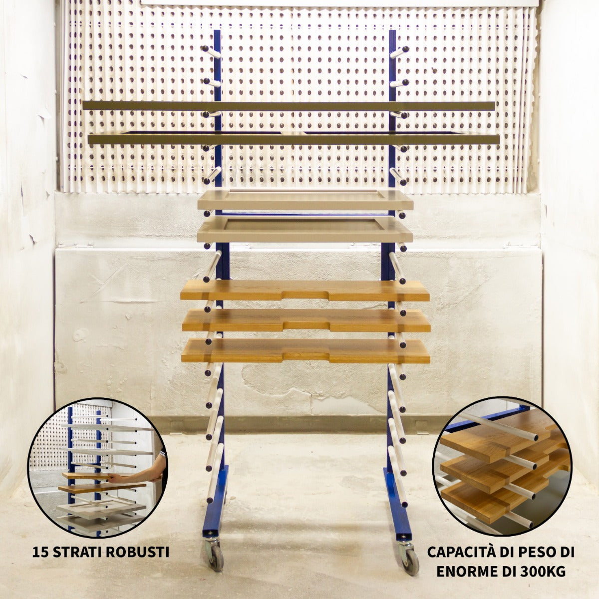 Rastrelliera per essiccazione vernice con 15 strati robusti in legno e struttura blu, capacità di peso di 300 kg, ideale per laboratori