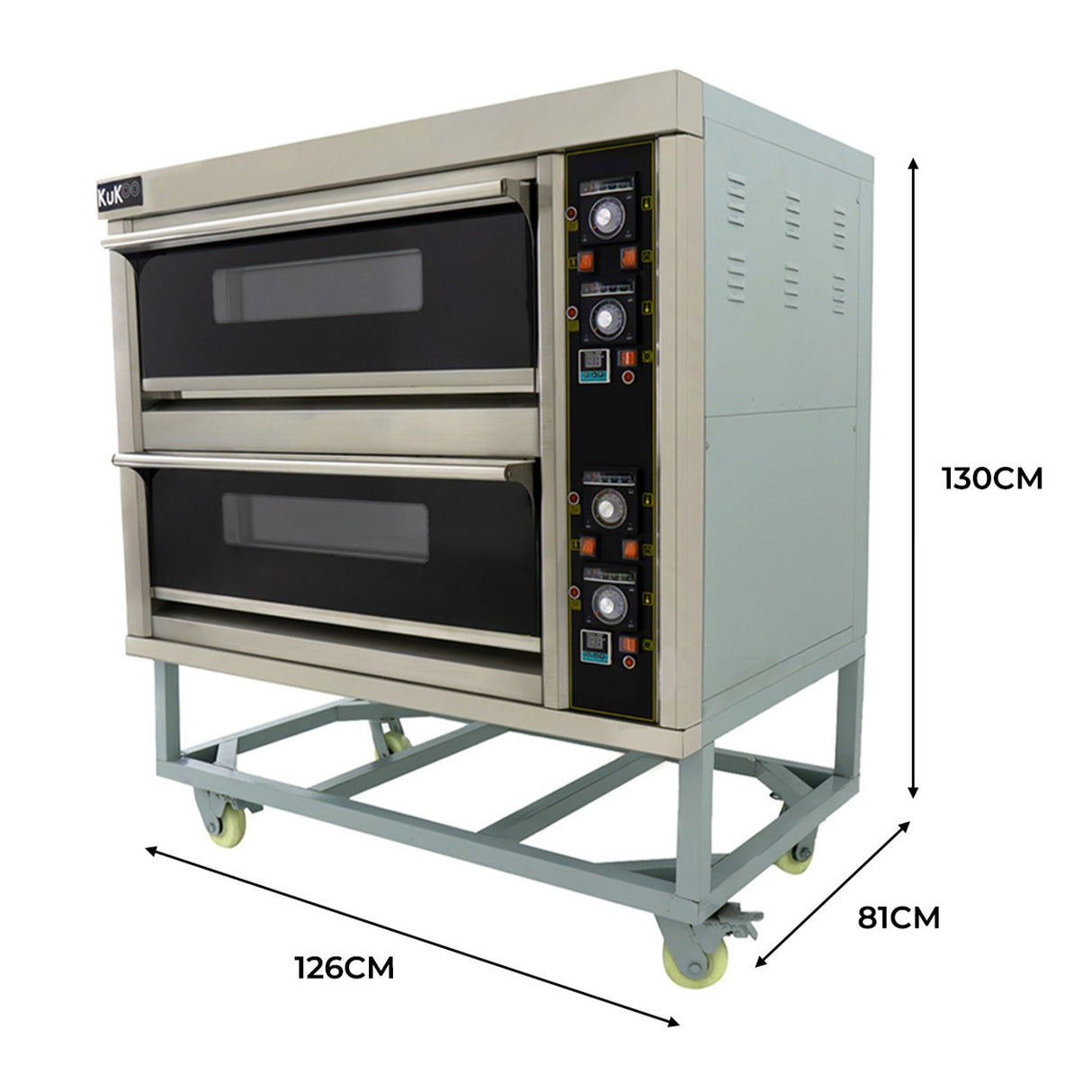Forno professionale KuKoo a doppia camera, struttura in acciaio inox, con manopole di controllo e ruote per facilità di movimento