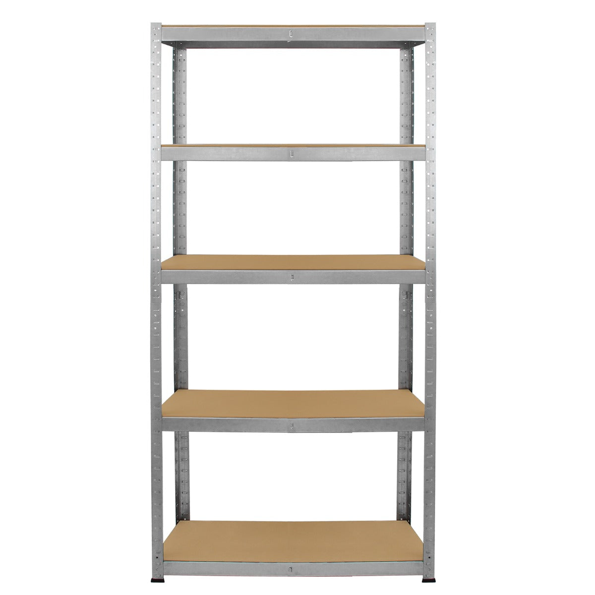 Scaffale da garage galvanizzato ad incastro, 90cm x 30cm, con cinque ripiani in legno chiaro, struttura robusta e resistente alla ruggine