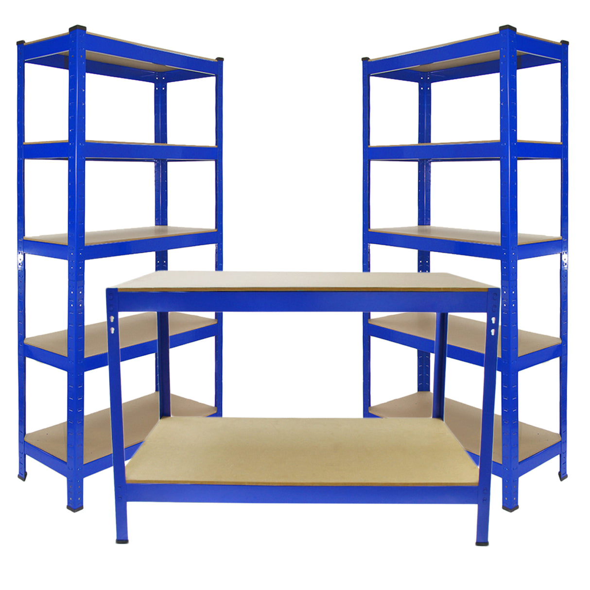 Scaffale da garage blu ad incastro, 90cm x 45cm, con due ripiani e banco da lavoro Q-rax 120cm, struttura robusta e finitura liscia