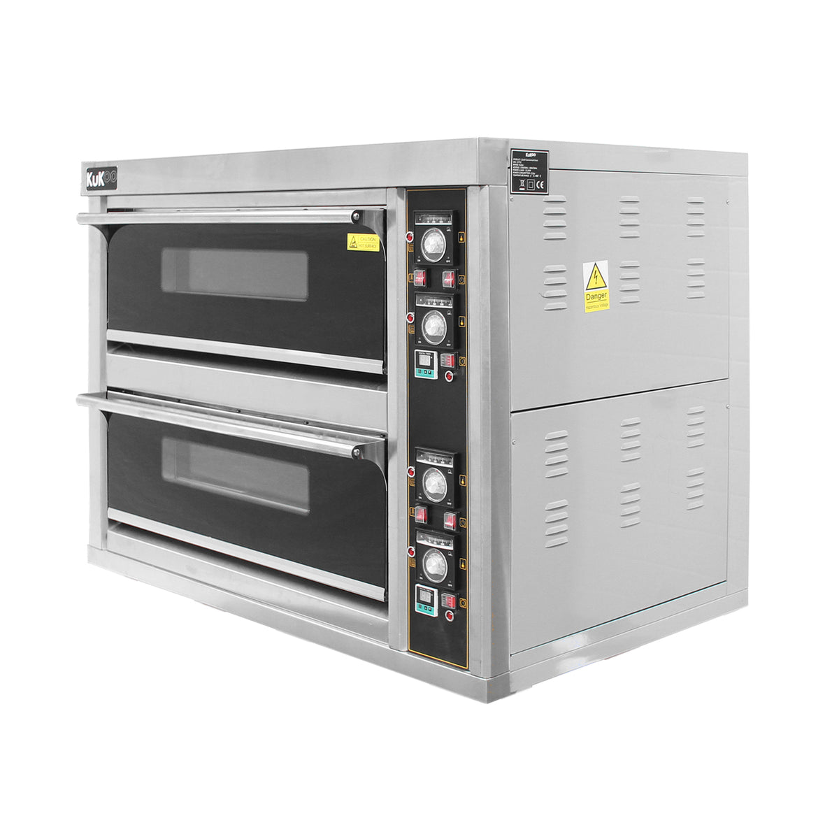 Forno a convezione KuKoo da 60 cm, struttura in acciaio inox, due vani di cottura, pannelli di controllo con manopole e display digitale