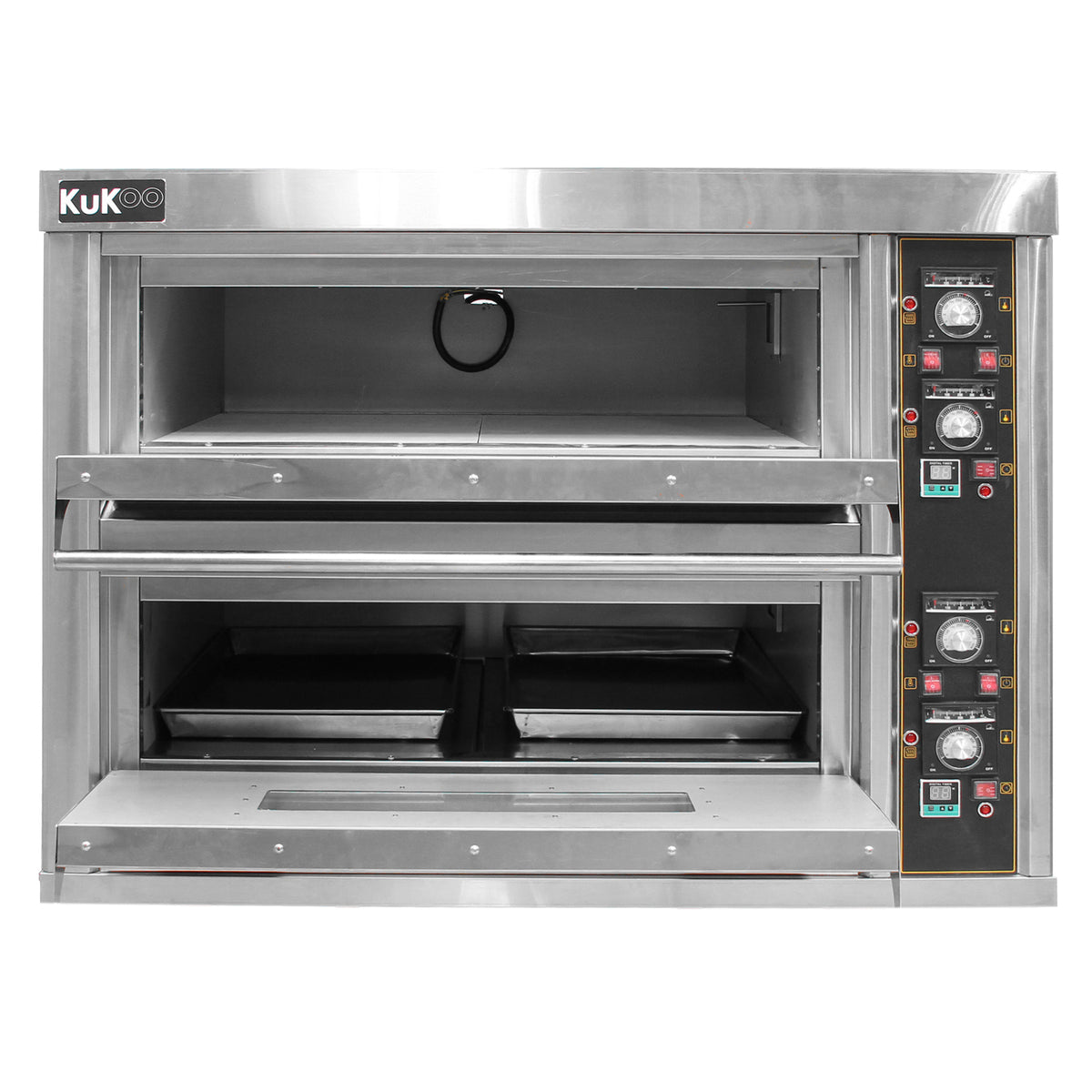 Forno a convezione KuKoo in acciaio inox, con due vani, manopole di controllo e illuminazione interna per una cottura uniforme