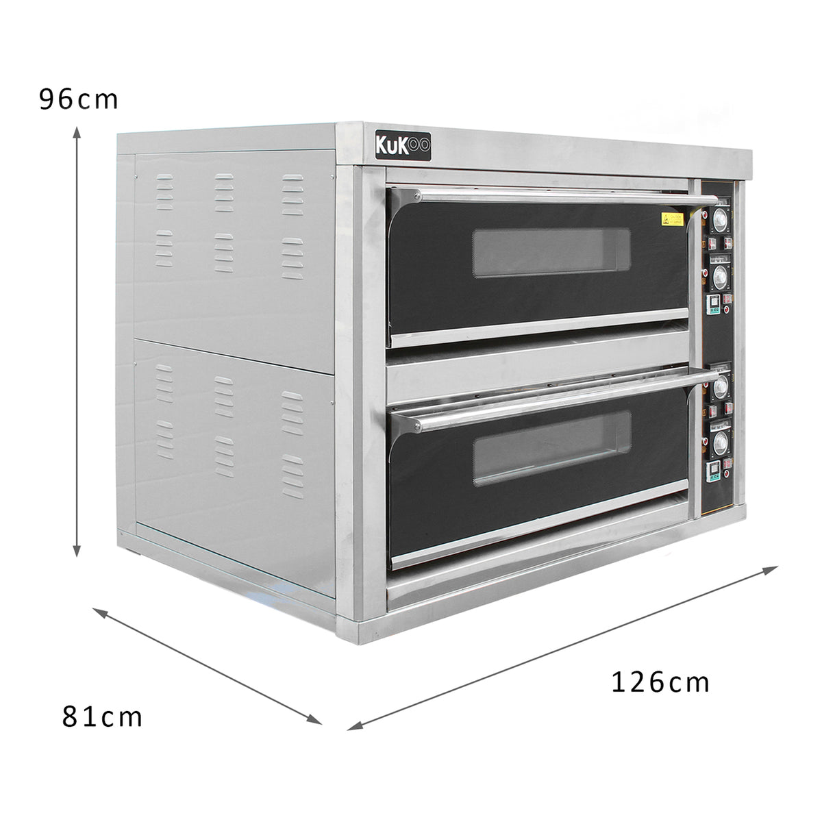 Forno a convezione KuKoo da 60 cm, struttura in acciaio inox, due vani di cottura, manopole di controllo e vetri neri lucidi
