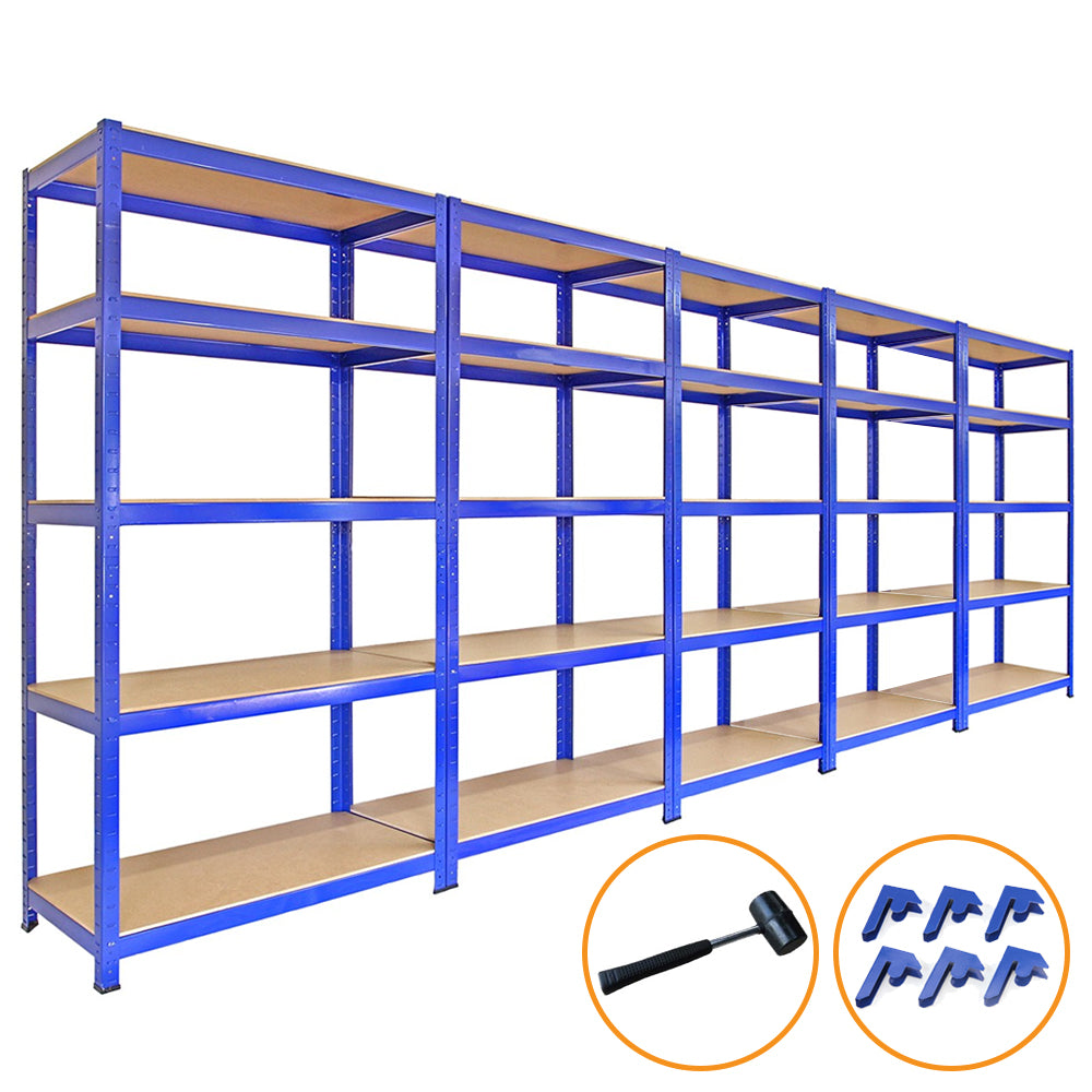 Scaffale da garage blu in metallo, 90cm x 45cm, con cinque ripiani in legno, incluso martello e connettori per assemblaggio facile