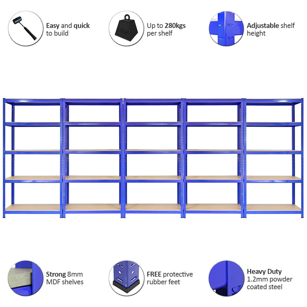 Scaffale da garage blu T-Rax, 90cm x 45cm, con 5 ripiani in MDF, struttura in acciaio verniciato, resistente e regolabile