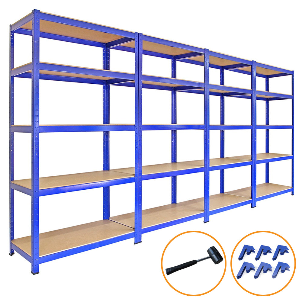 Scaffale da garage blu in metallo, 90cm x 45cm, con ripiani in legno, include martello e connettori per un facile montaggio
