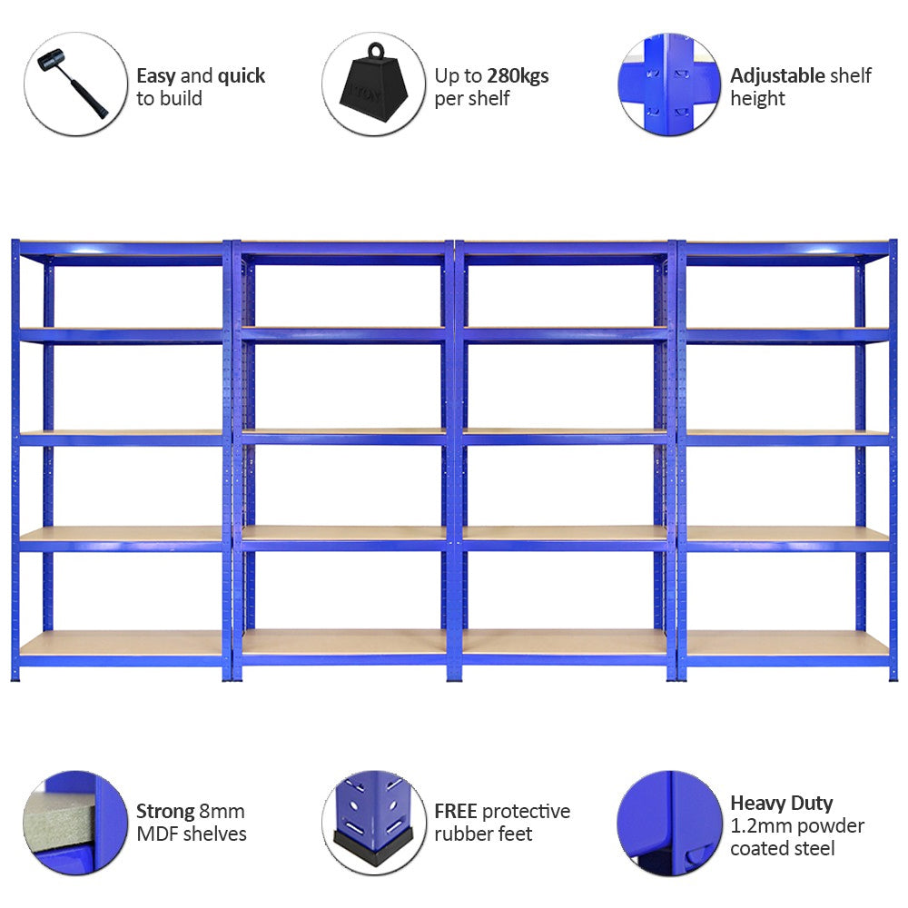 Scaffale da garage blu T-Rax, 90cm x 45cm, con 4 ripiani in MDF, struttura in acciaio verniciato, robusto e facile da montare
