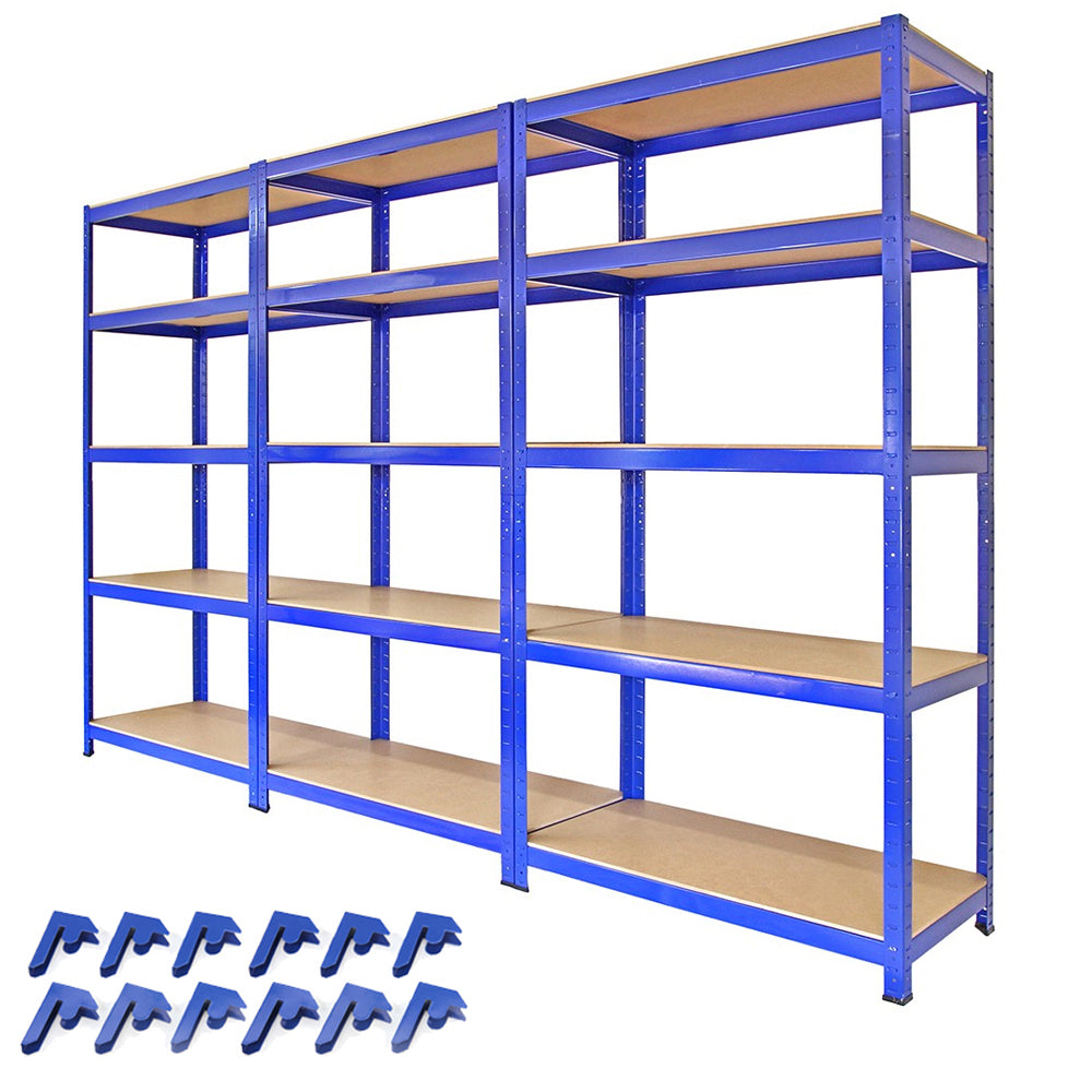 Scaffale da garage blu in metallo, con ripiani in legno, dimensioni 90cm x 45cm, include 3 pezzi e connettori per montaggio facile