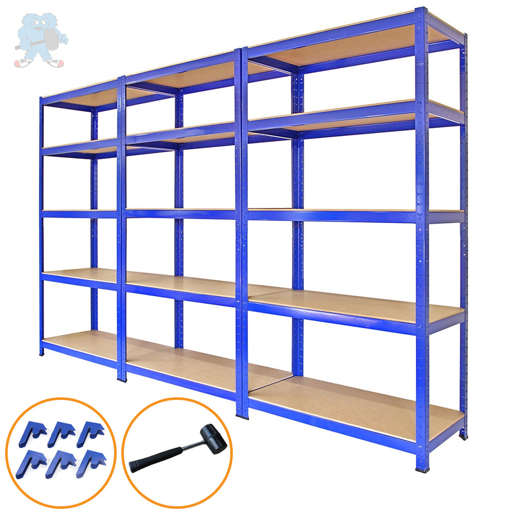 Scaffale da garage blu in metallo, 90cm x 45cm, con ripiani in legno, include martello e connettori per un facile montaggio