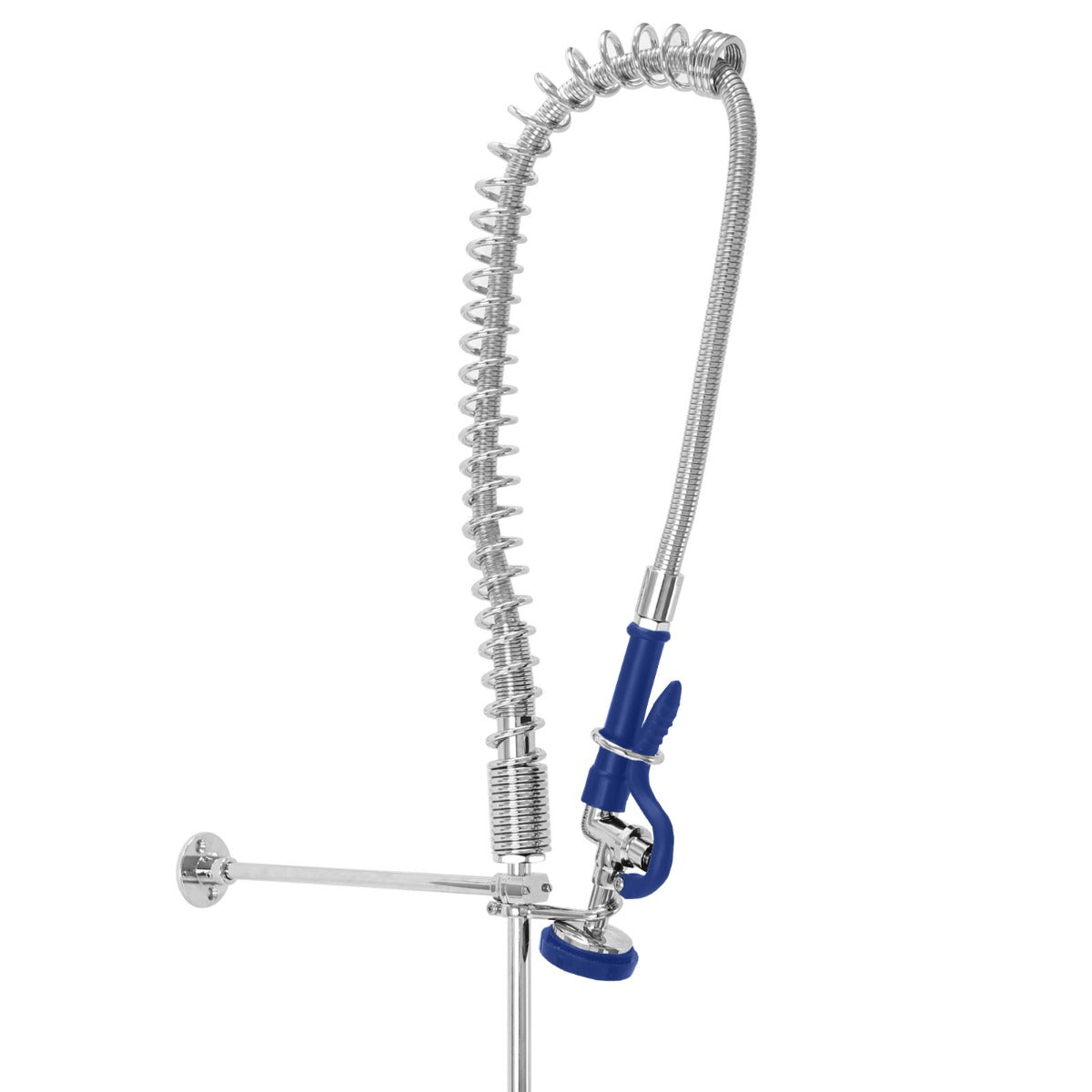 Rubinetto KuKoo in acciaio inox con tubo flessibile, finitura lucida, manico blu ergonomico e supporto a parete elegante