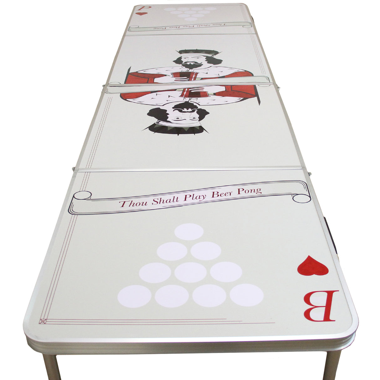 Tavolo da birra pong lungo con design in stile carte da gioco, superficie bianca con simboli rossi e grafica divertente per feste