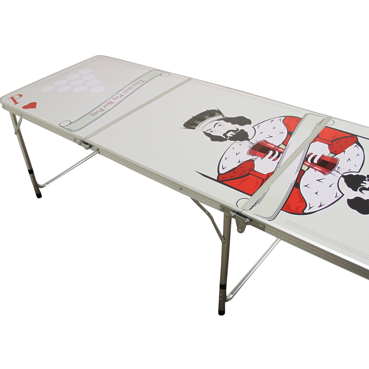Tavolo da birra pong pieghevole con design colorato, superficie bianca con immagini di carte da gioco e bordi rinforzati in metallo
