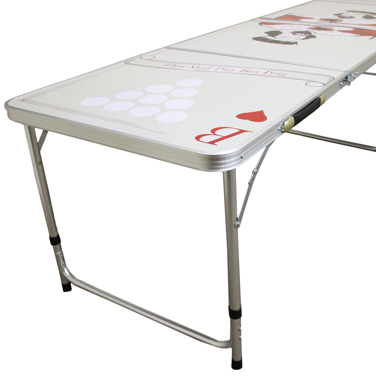 Tavolo da birra pong pieghevole con superficie bianca decorata, bordi argentati e supporto in metallo resistente, ideale per feste