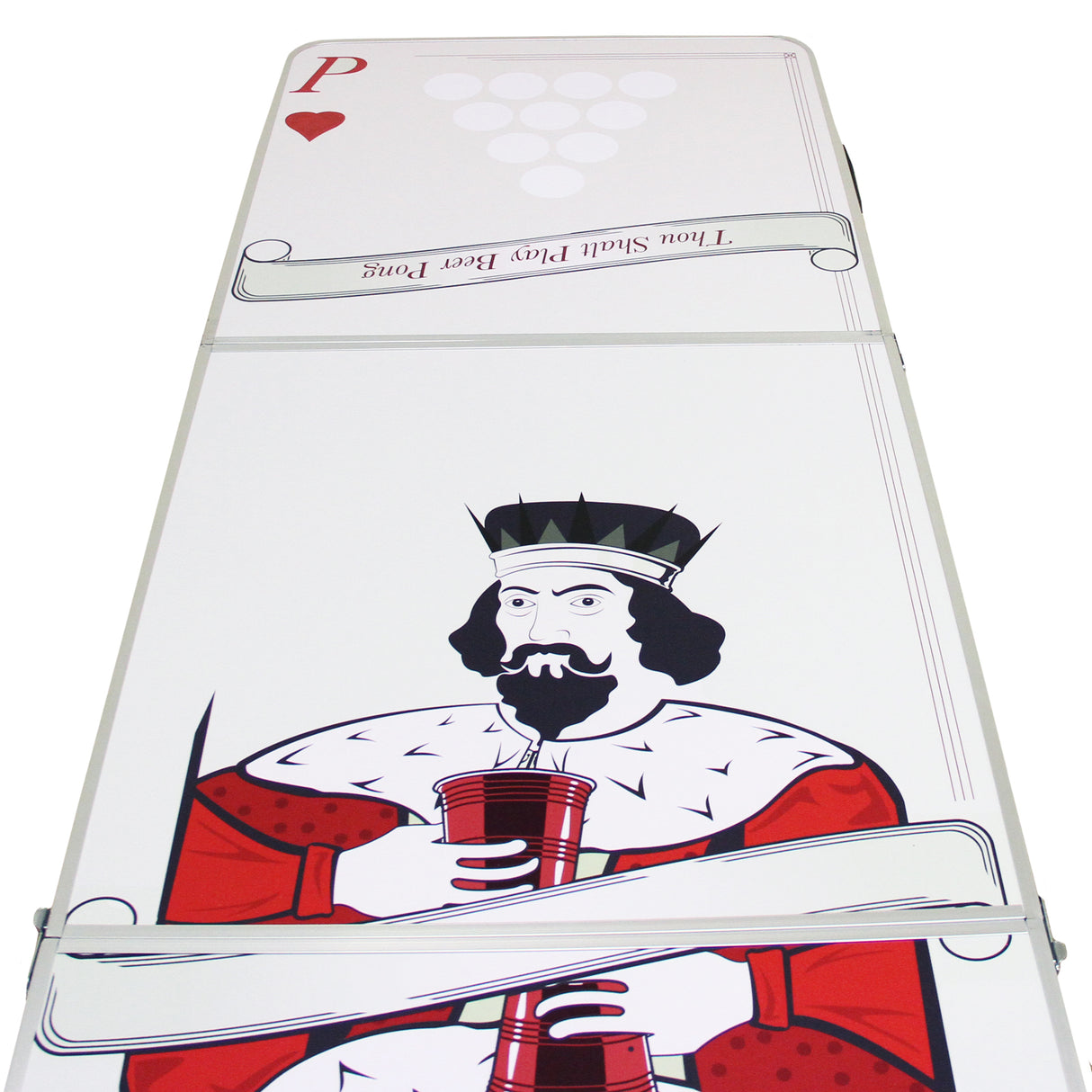 Tavolo da birra pong pieghevole con design grafico di un re, colori vivaci e superficie liscia per un gioco divertente