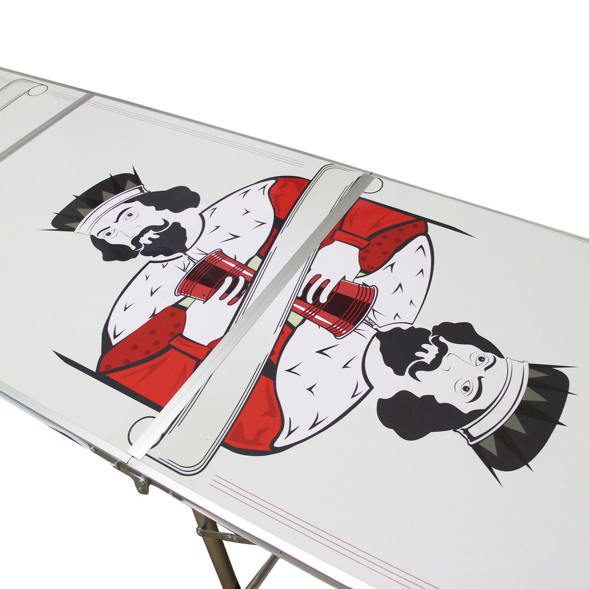Tavolo da Birra Pong con design grafico di re, superficie bianca con dettagli rossi e neri, struttura pieghevole in metallo resistente