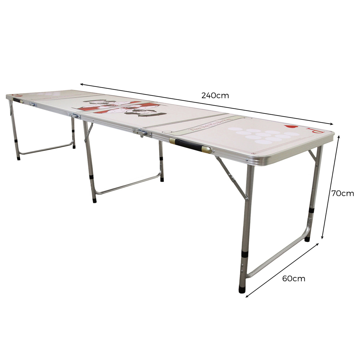 Tavolo da birra pong pieghevole in alluminio, lungo 240 cm, con superficie bianca decorata e bordi neri, ideale per feste e giochi