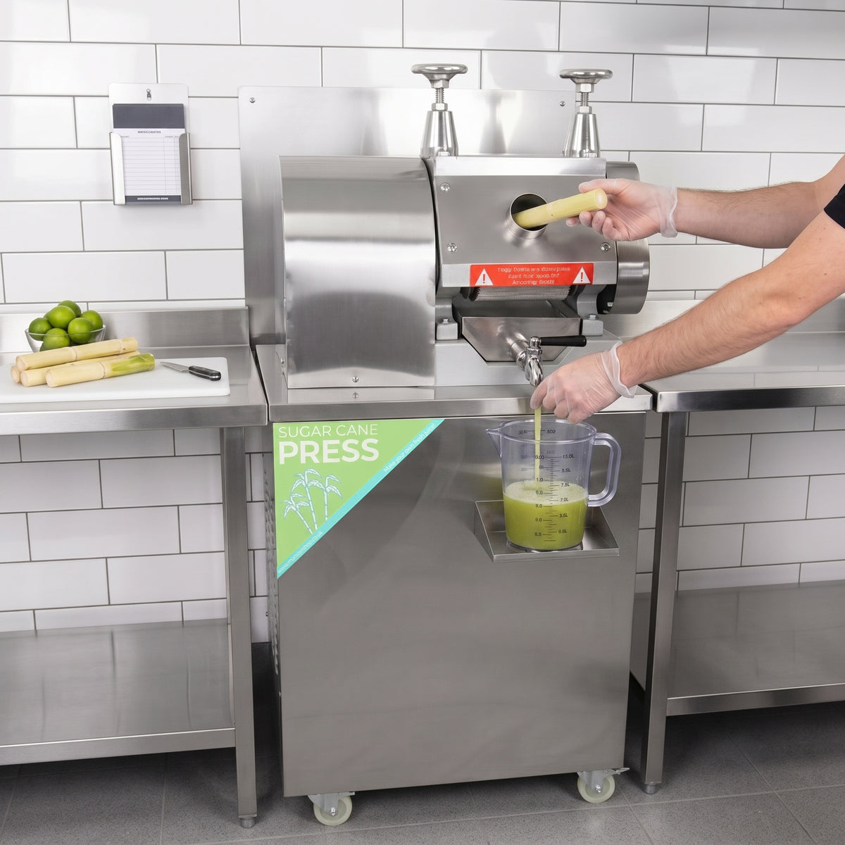Pressa per canna da zucchero in acciaio inox, con un operatore che inserisce canne e raccoglie il succo verde in un contenitore trasparente