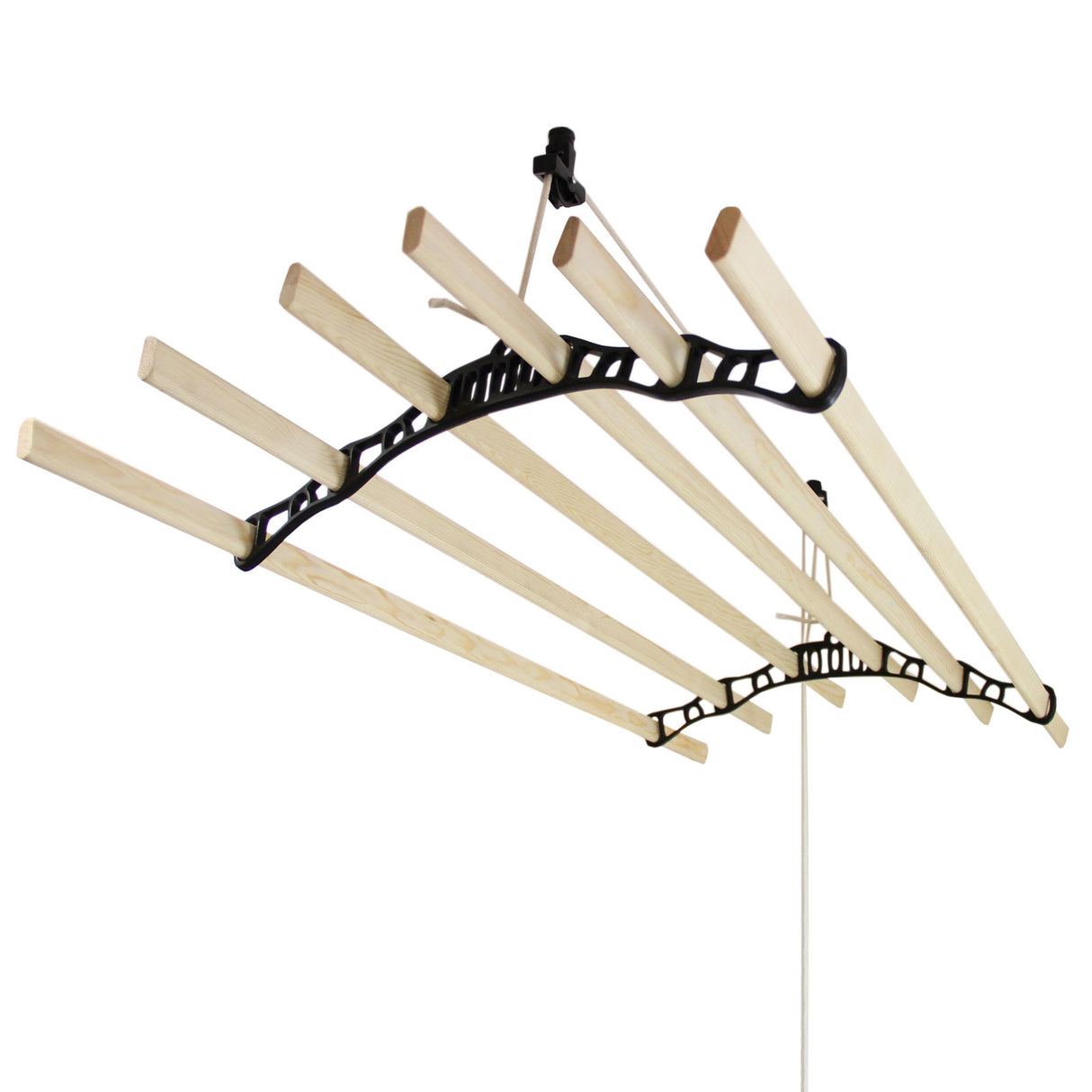Stendibiancheria da soffitto nero con sei barre in legno chiaro, design elegante e funzionale per ottimizzare lo spazio di asciugatura
