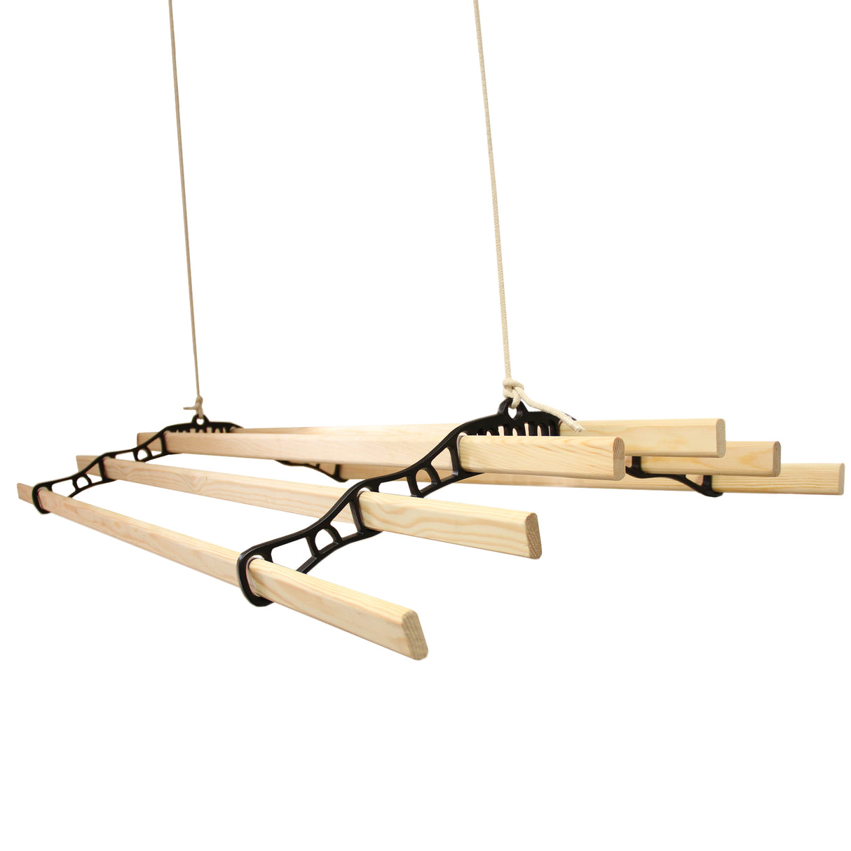 Stendibiancheria da soffitto nero con barre in legno chiaro, design elegante e funzionale, ideale per ottimizzare lo spazio domestico