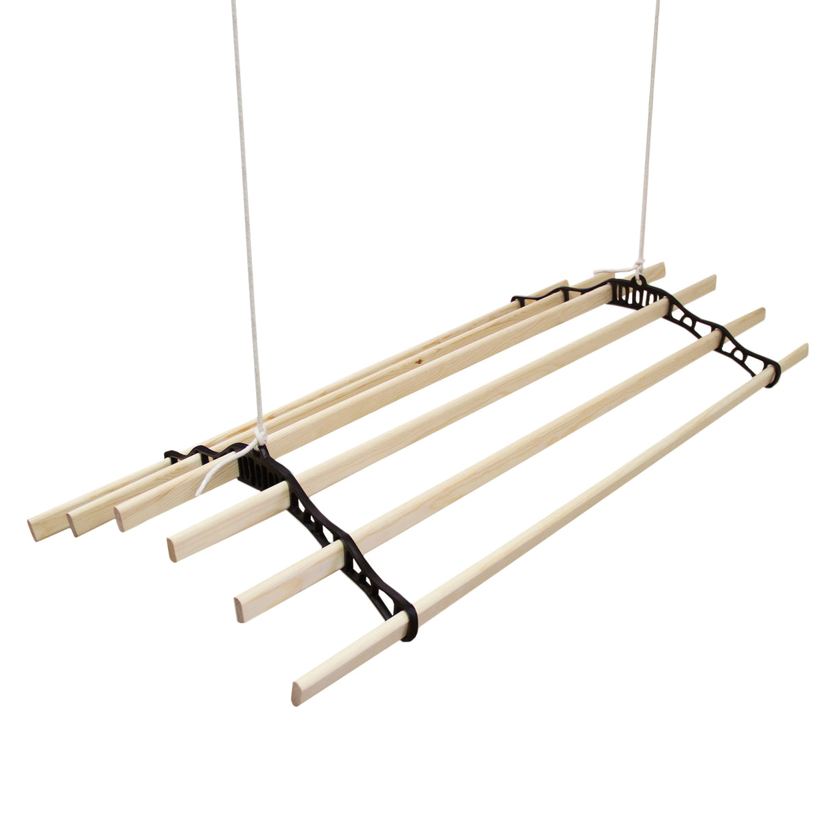 Stendibiancheria da soffitto nero, lungo 180 cm, con barre in legno chiaro e supporti neri, ideale per asciugare il bucato in spazi ridotti