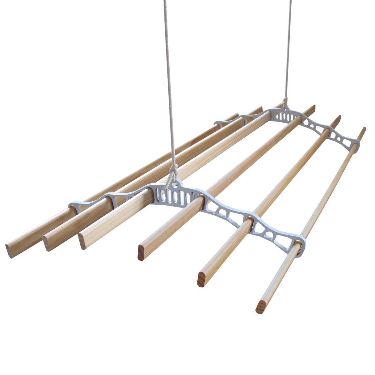 Stendibiancheria da soffitto bianco con barre in legno chiaro, design pratico e funzionale per asciugare i vestiti in spazi ridotti