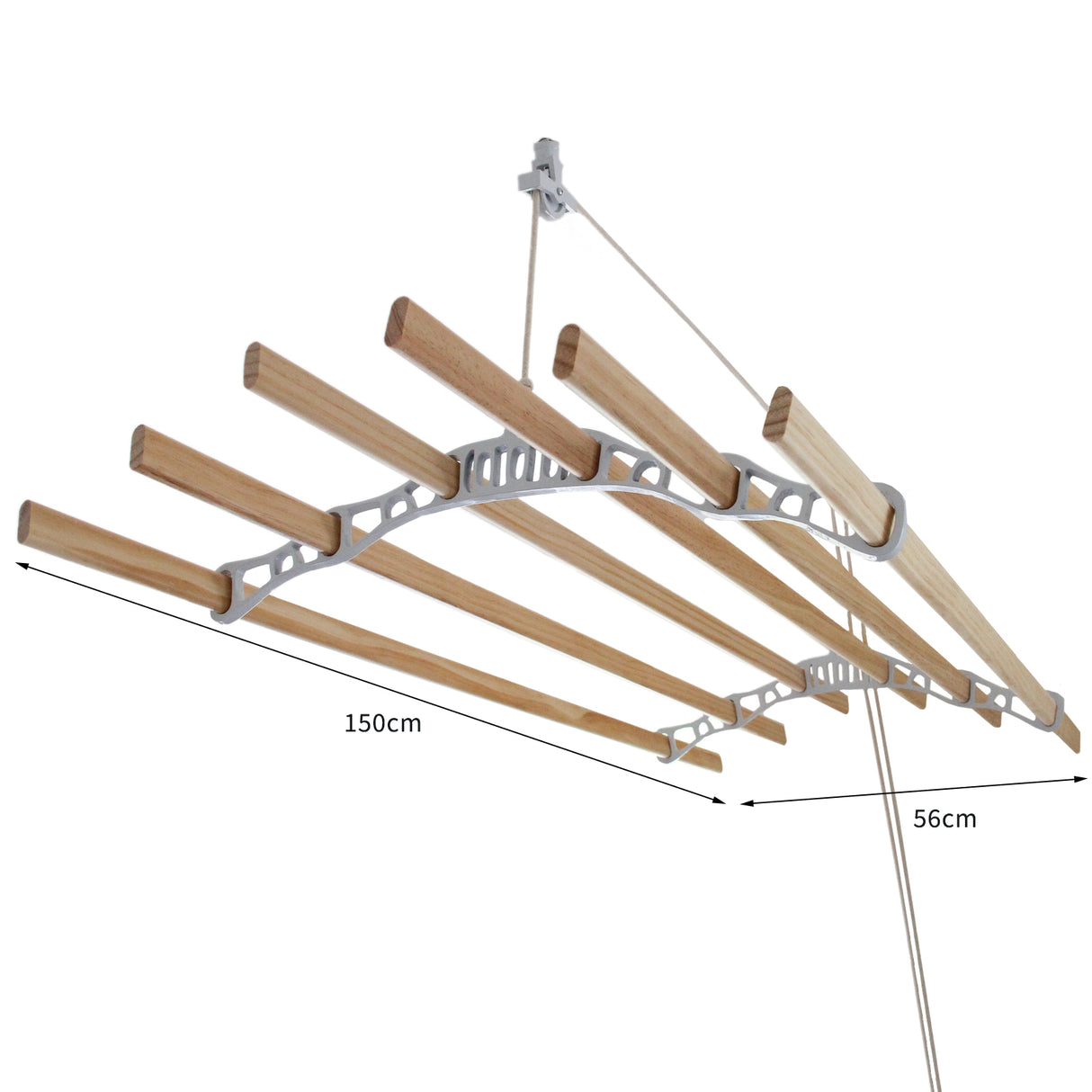Stendibiancheria da soffitto bianco, lungo 150 cm, con barre in legno chiaro e supporto in metallo, ideale per asciugare i panni