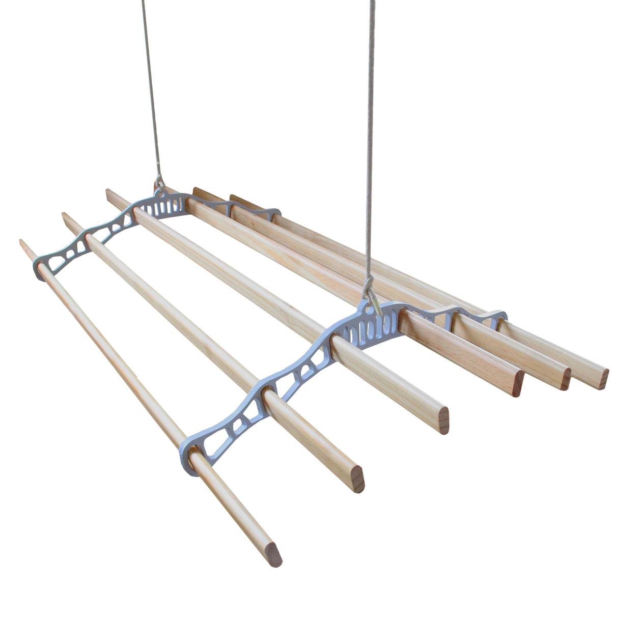 Stendibiancheria da soffitto bianco con barre in legno chiaro, design pratico e resistente, ideale per asciugare il bucato in spazi ridotti