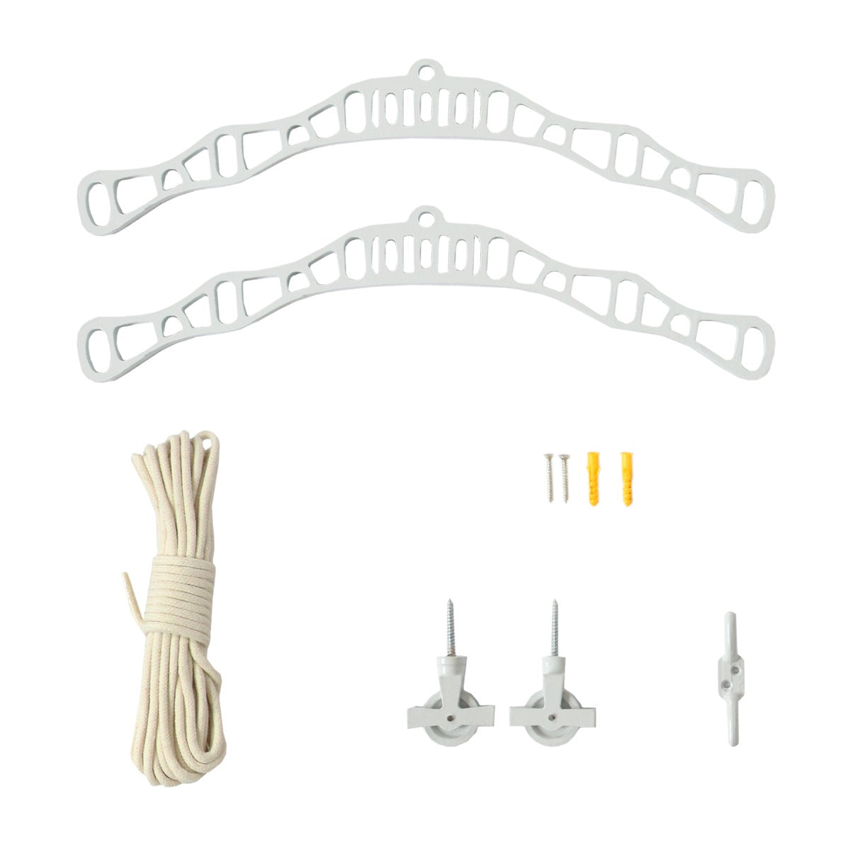 Stendibiancheria da soffitto bianco di 240 cm, composto da supporti, corda e accessori per un'installazione facile e pratica