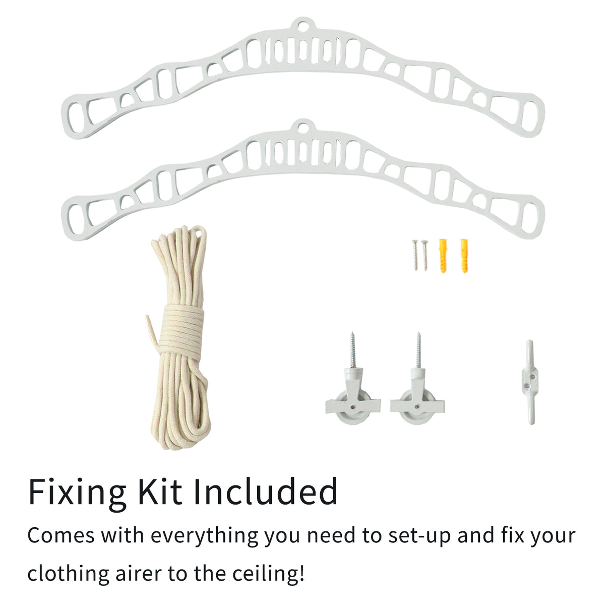 Stendibiancheria da soffitto bianco con kit di fissaggio, corda e accessori per un'installazione facile e sicura