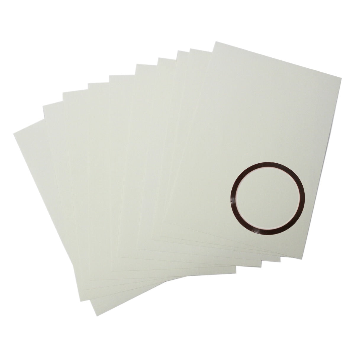 Dieci fogli di carta per sublimazione, di colore bianco, con un cerchio marrone per la stampa su tazze, texture liscia e opaca