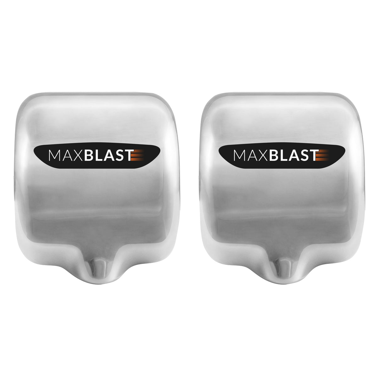 Asciugamani elettrici MaxBlast in acciaio inox lucido, design moderno e compatto, con logo distintivo in evidenza
