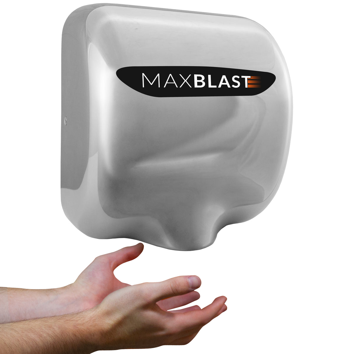 Asciugamani elettrico MaxBlast in acciaio inox lucido, design moderno e compatto, con mani pronte a ricevere l'aria calda