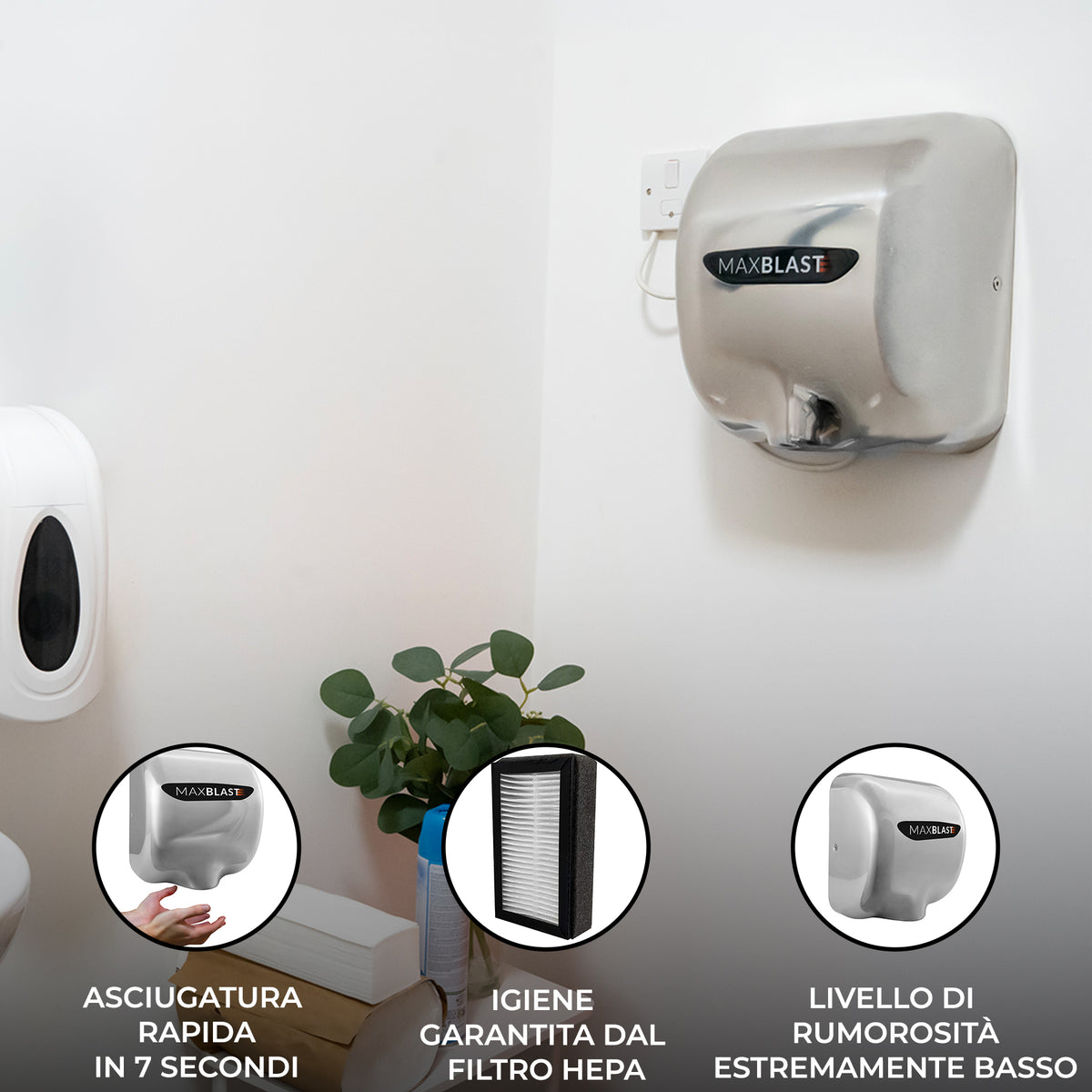 Asciugamani elettrico MaxBlast in acciaio inox, design moderno, installato in bagno, con filtro HEPA e basso livello di rumore