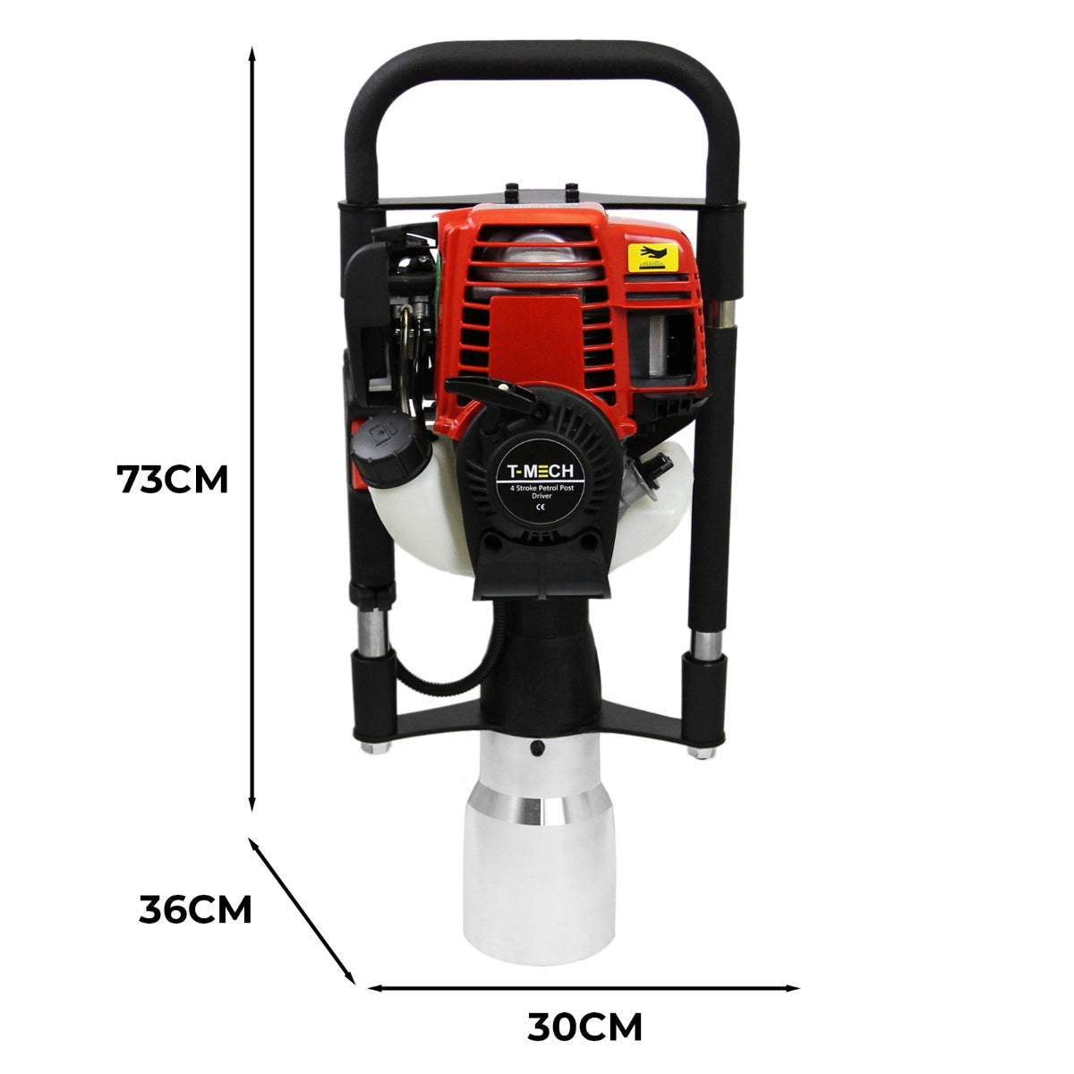 Trivella T-Mech rossa e nera, con motore a 4 tempi, dimensioni 73 cm di altezza e 30 cm di diametro, progettata per forare la terra e montare pali