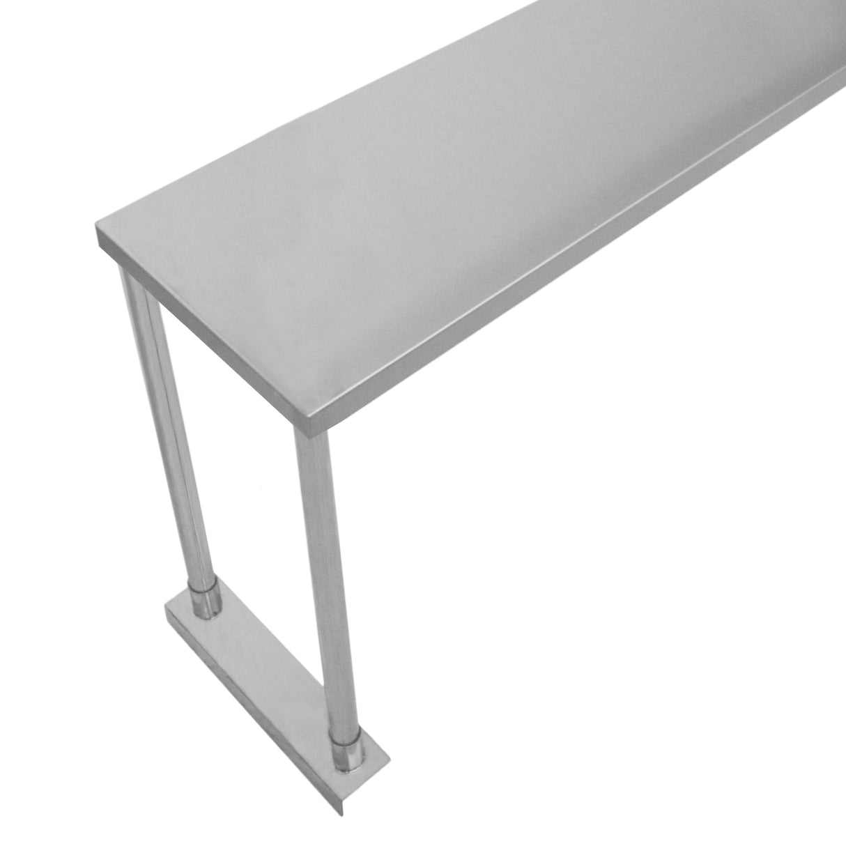 Ripiano per tavolo da cucina in acciaio inox, lungo 150 cm, con superficie liscia e supporti metallici robusti e lucidi