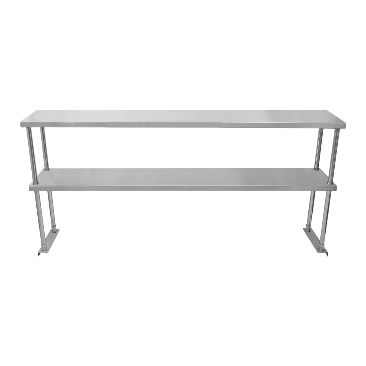 Ripiano doppio in acciaio inox lucido, lungo 150 cm, con struttura robusta e design elegante, ideale per cucine professionali