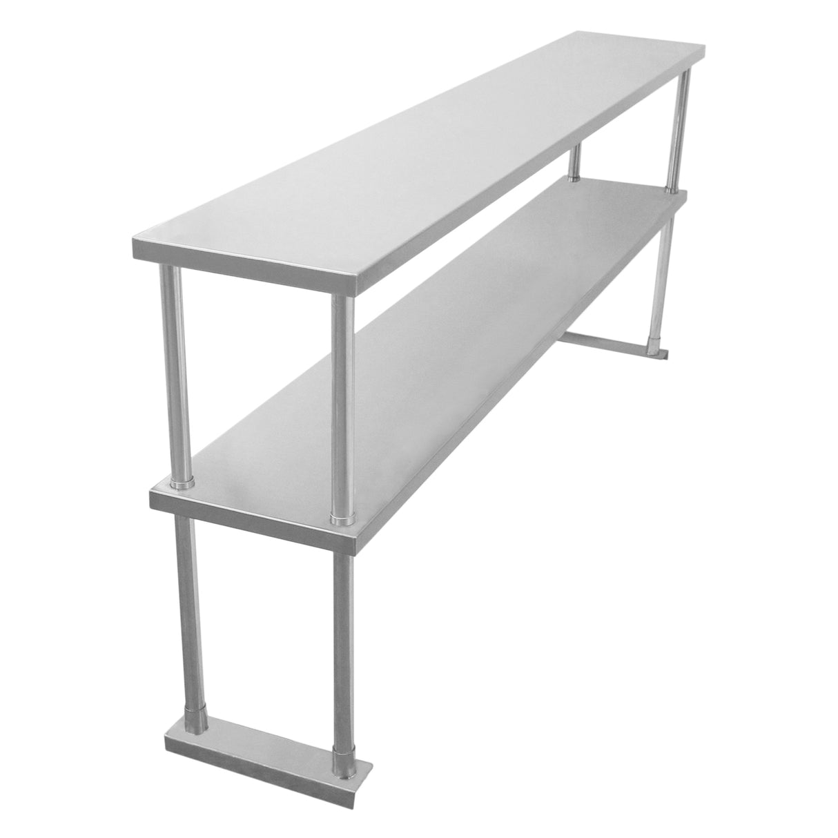 Ripiano doppio in acciaio inox lucido, lungo 150 cm, con struttura robusta e design moderno, ideale per ristoranti e cucine professionali